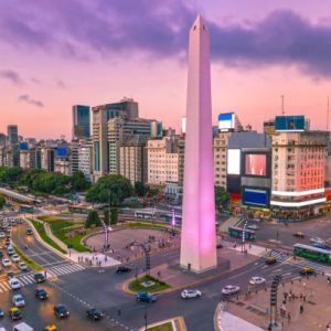Plaza de la Republica in the centre of Buenos Aires with the Obelisco, one of the main symbols of the capital of Argentina at dawn with heavy traffic